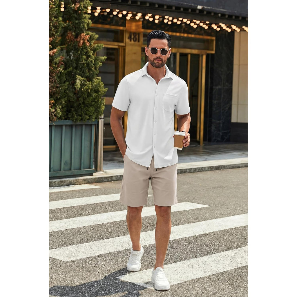 Coofandy Mens Casual Shorts Cotton Drawstring 9 Inch Chino Shorts Stretch Elastic Waist Summer Beach Golf Shorts