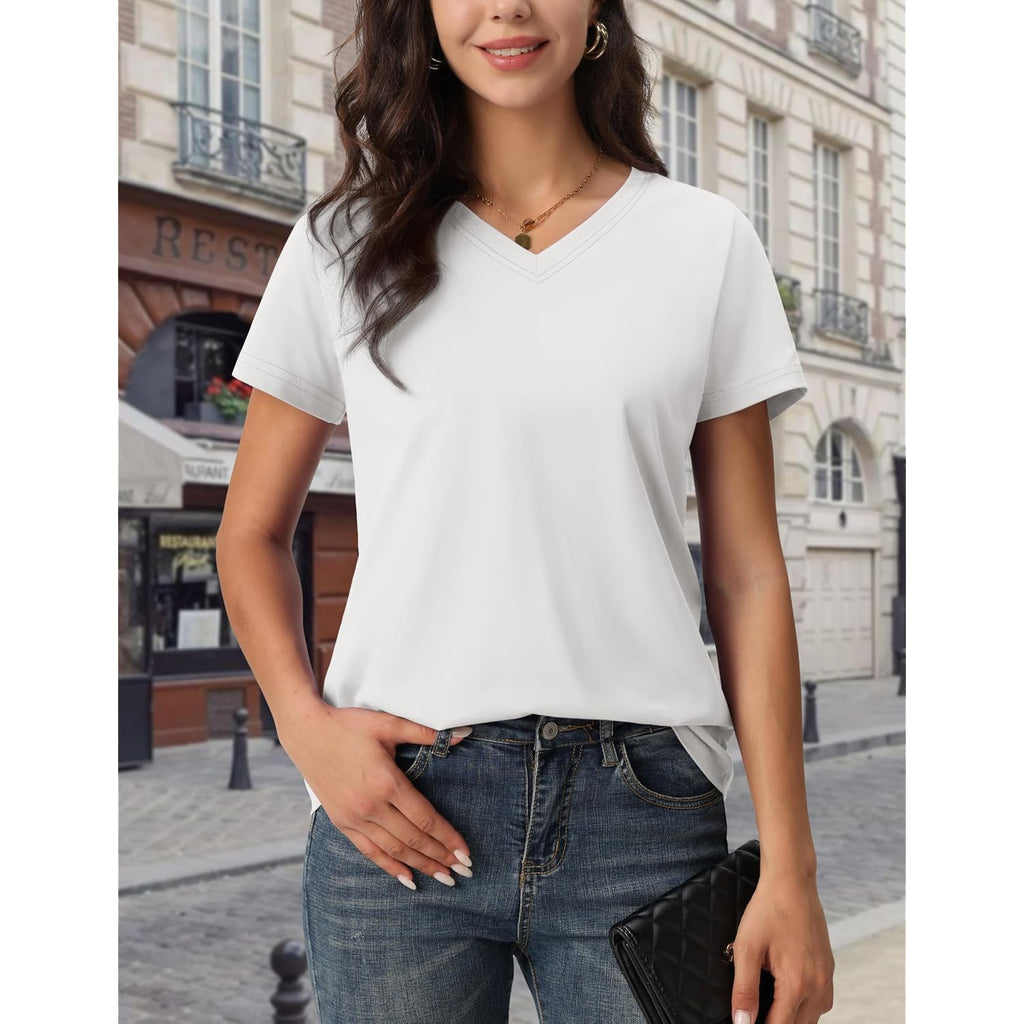 MAGCOMSEN Women's Cotton T Shirt V-Neck Short Sleeve Shirt Classic-Fit Casual Breathable Tee Summer Basic Tops