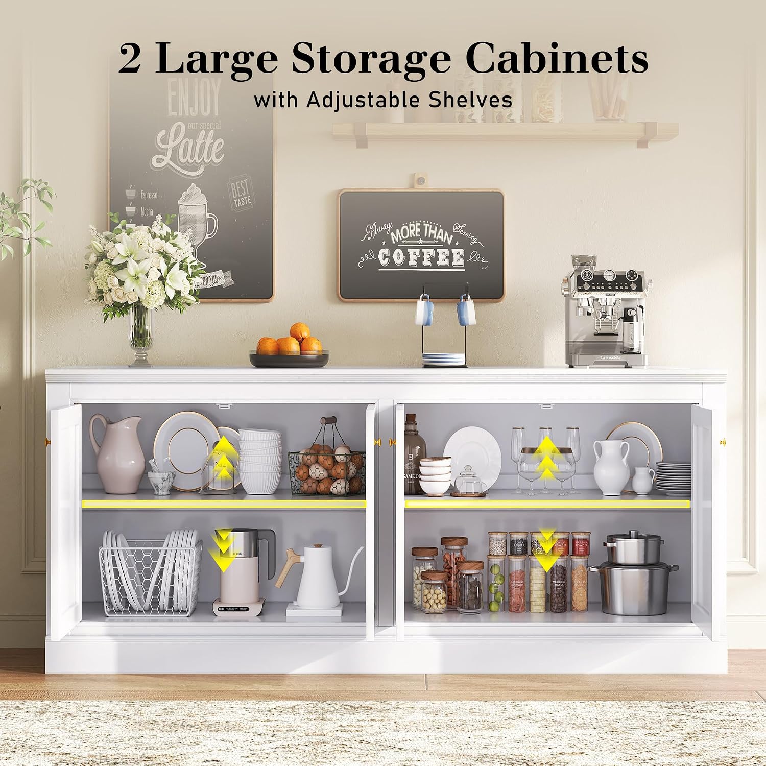 Amerlife 72" Farmhouse Sideboard Buffet Cabinet With Barn Doors | Large Storage Console Table, With Adjustable Shelves, Coffee Bar/Tv Stand For Living Room, Kitchen, Entryway, White