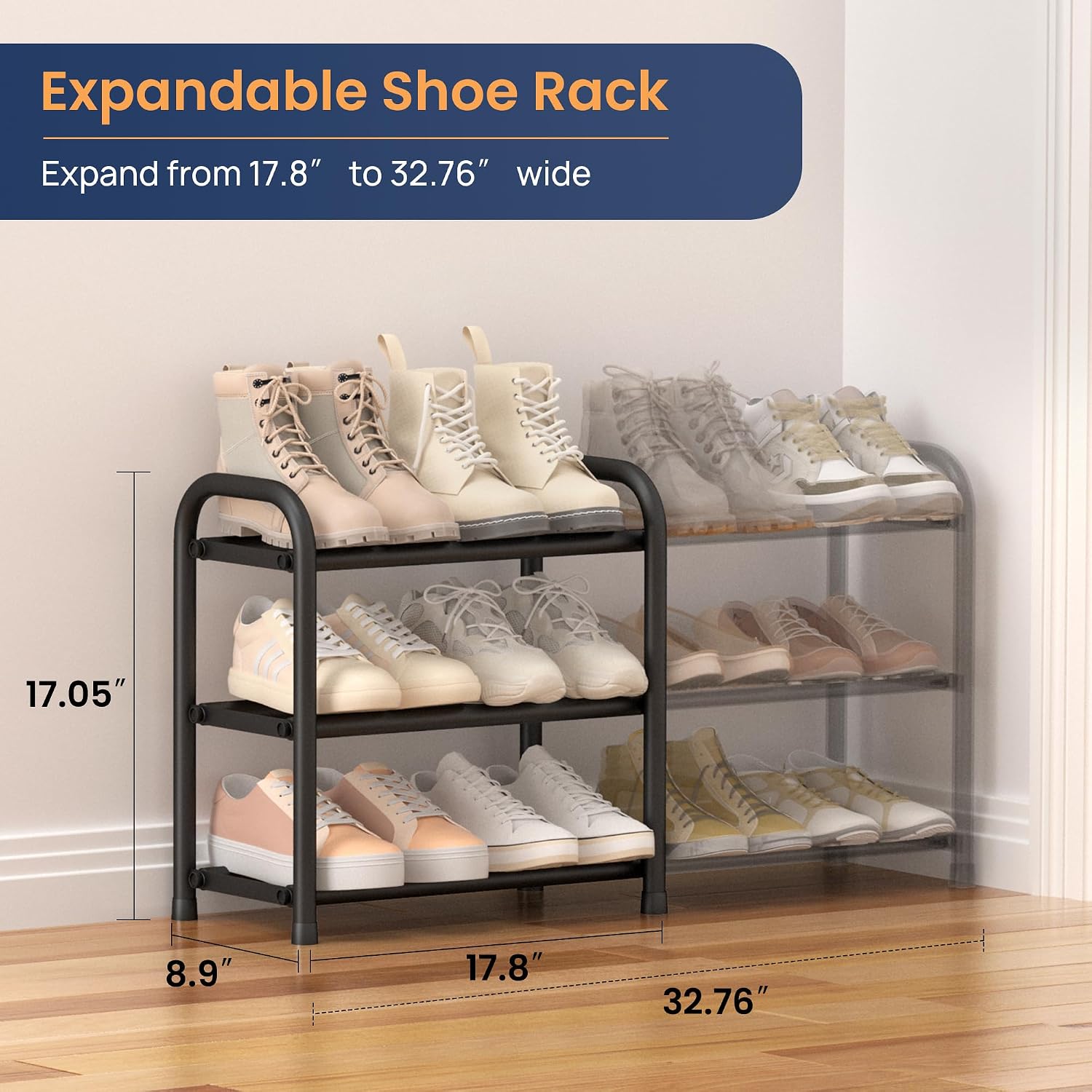 Enjoybasics 3 Tier Expandable Shoe Rack For Closet, Free Standing Metal Shoe Shelf Storage Organizer Holder 12 Pairs, Adjustable Width Shoe Rack For Entryway Small Space, Black