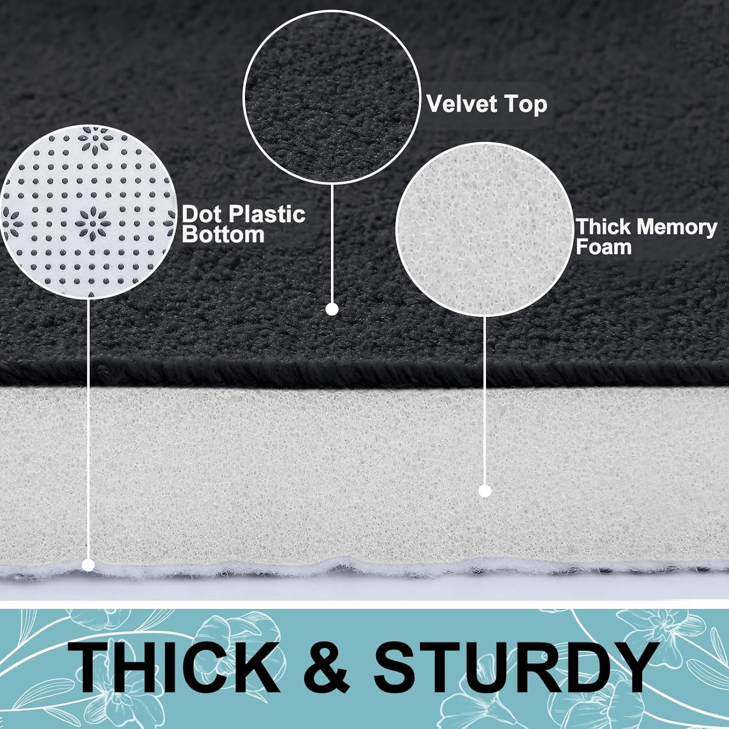 Smiry Memory Foam Bath Mat 30x20, Extra Soft and Absorbent Bathroom Mats, Non Slip Washable Carpet for Floor, Shower and Tub, Black