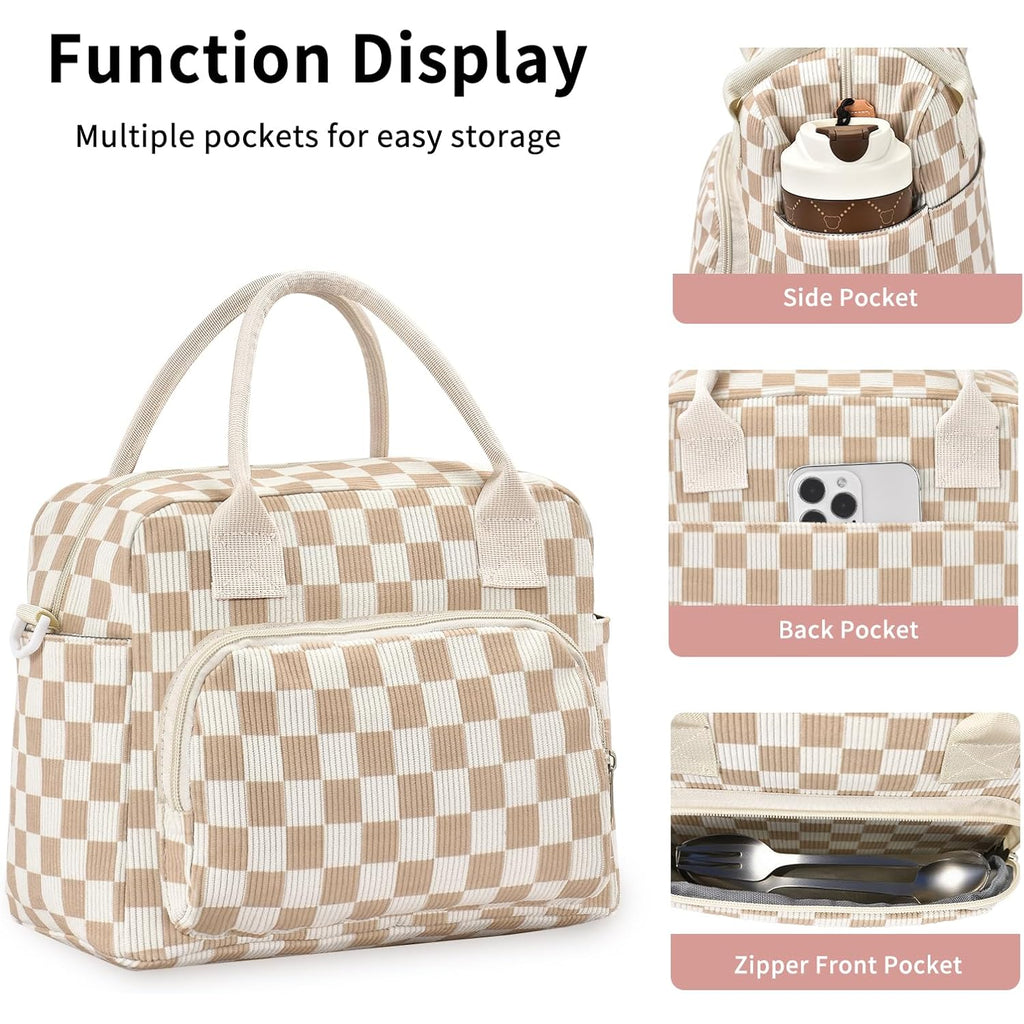 Lunch Bag Women Lunch Box For Women Adult Cute Insulated Lunch Bag Lager Cooler Lunch Tote Bags For Work Picnic (Beige-Brown Plaid)