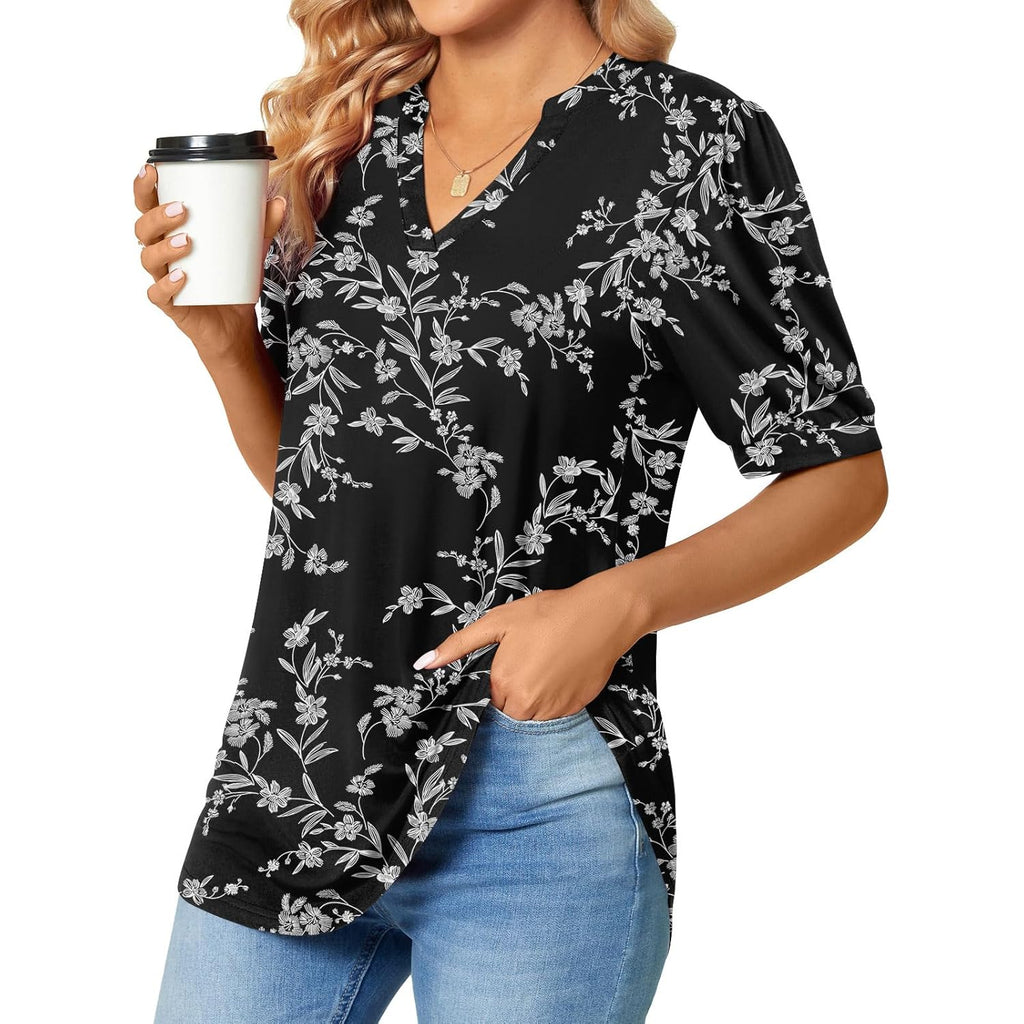 Womens Tunic Tops Summer Dressy Casual Puff Short Sleeve Shirts Work Business Blouses