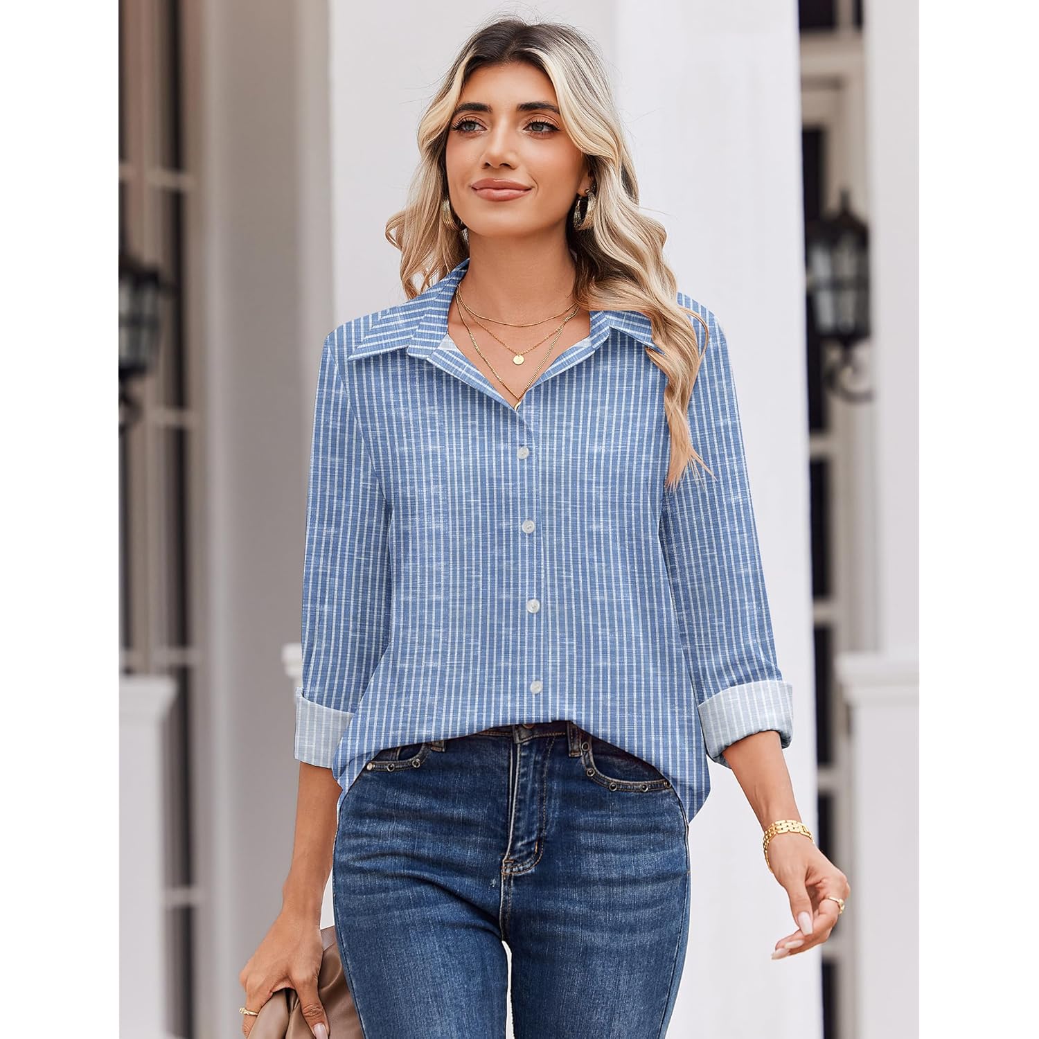 Blouse for Women Dressy Long Sleeve Button Down Shirts Business Casual Outfit Lightweight Solid/Printed Tops