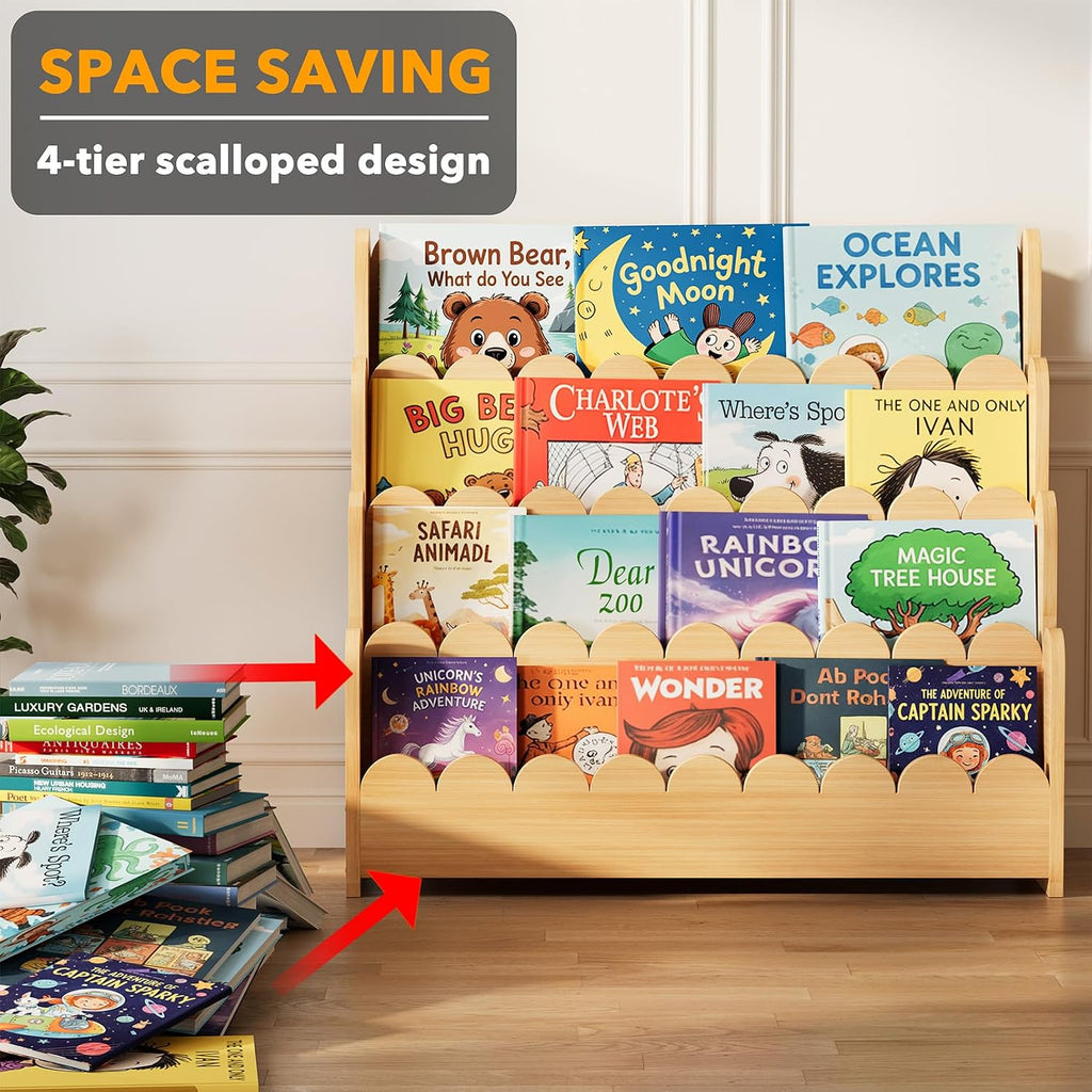 Spaceaid 4-Tier Scalloped Bookshelf, Montessori Bookcase For Toddlers, Wooden Book Shelf Organizer Display Furniture For Kids Rooms, Playroom, Nursery And Classroom, 29.6“ Wide, Natural