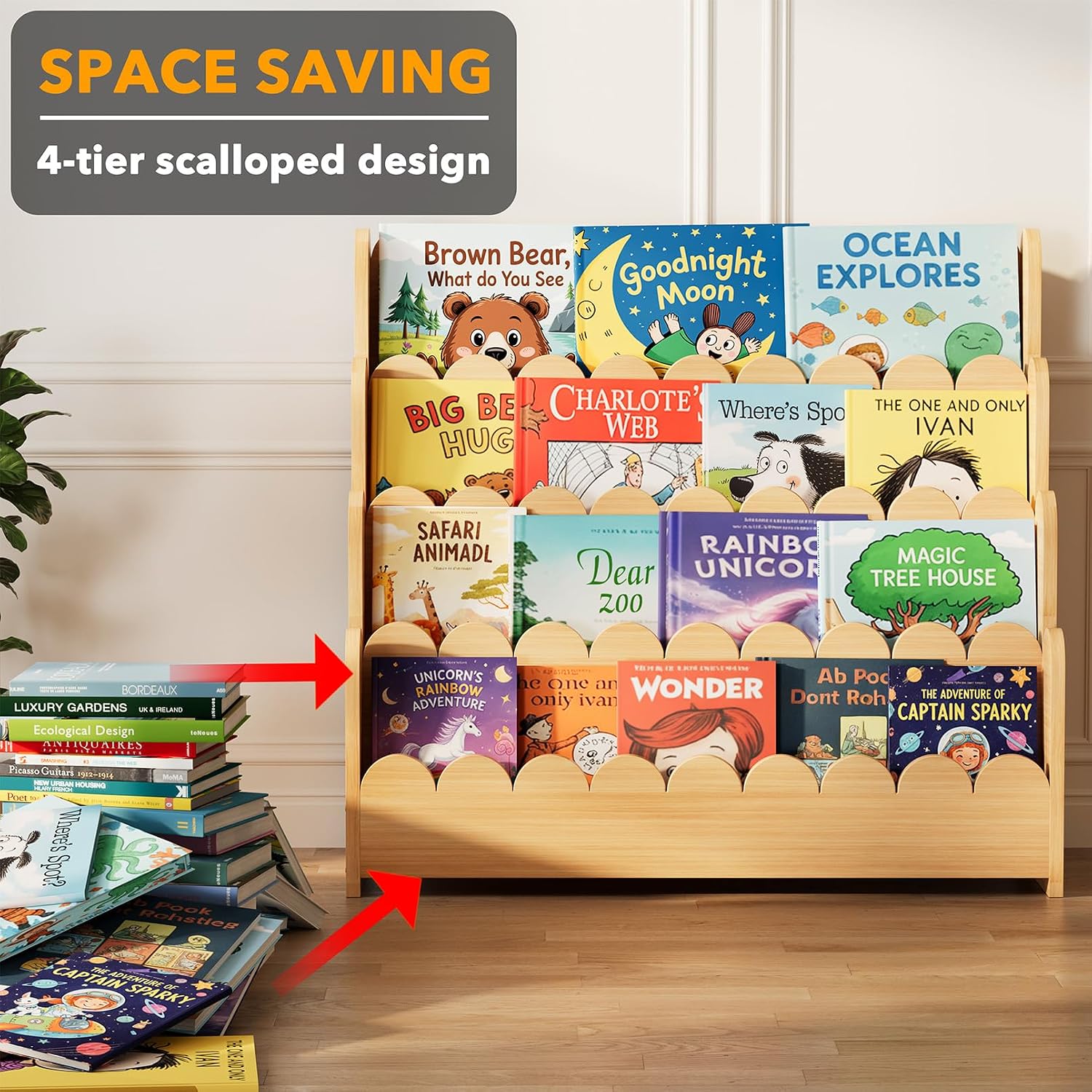 Spaceaid 4-Tier Scalloped Bookshelf, Montessori Bookcase For Toddlers, Wooden Book Shelf Organizer Display Furniture For Kids Rooms, Playroom, Nursery And Classroom, 29.6“ Wide, Natural
