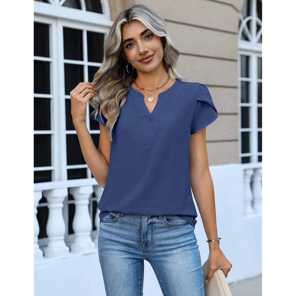 Zeagoo Womens Tops Dressy Casual Textured Blouses Cap Short Sleeve Shirts V Neck Button Up Summer Spring Work Tshirt Clothes