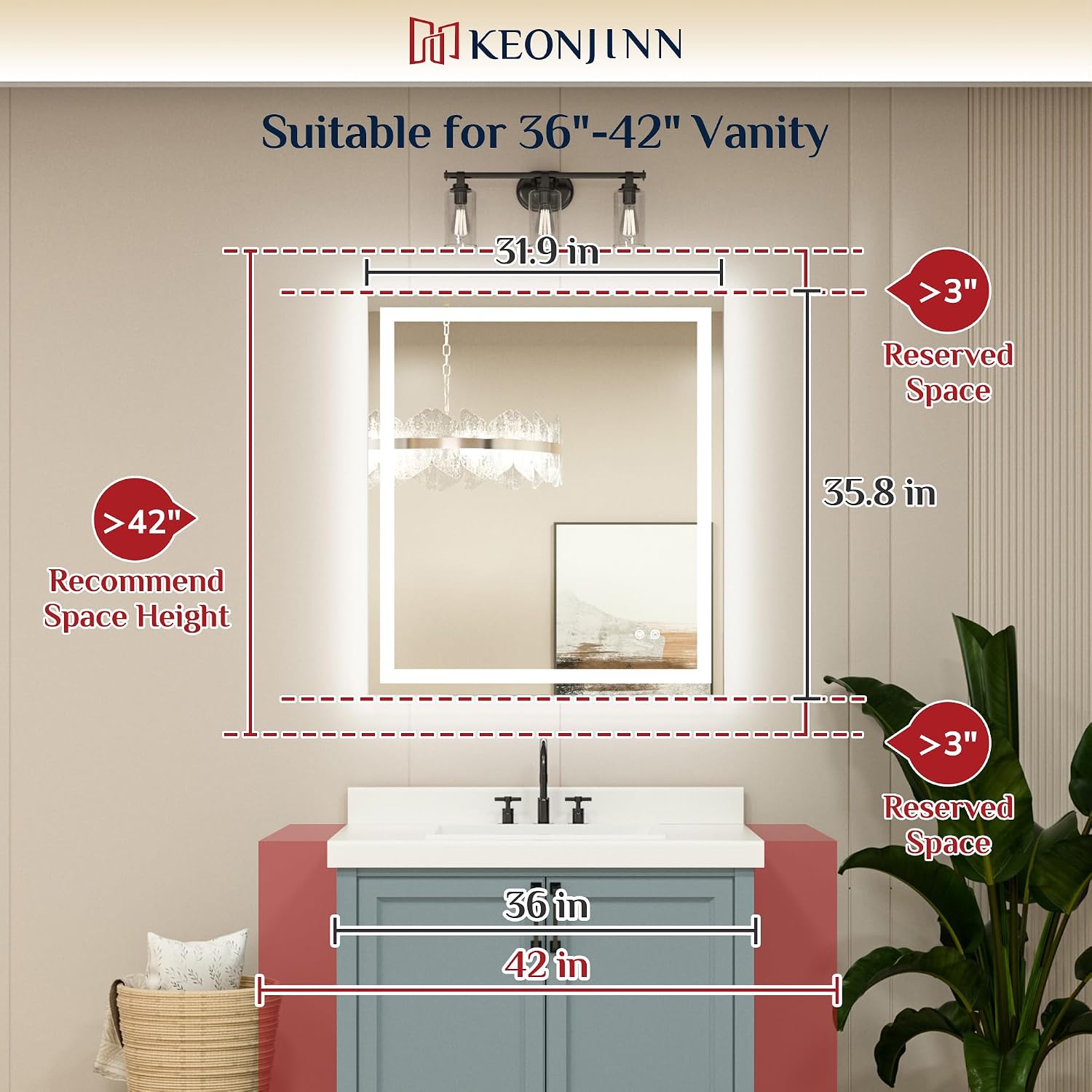 Keonjinn 32 X 36 Inch Led Bathroom Mirror With Frontlit & Backlit, Anti-Fog Mirror With Lights, Stepless Dimming, 3-Color Temperature, Hd Tempered Glass Wall Mirror For Modern Bathroom