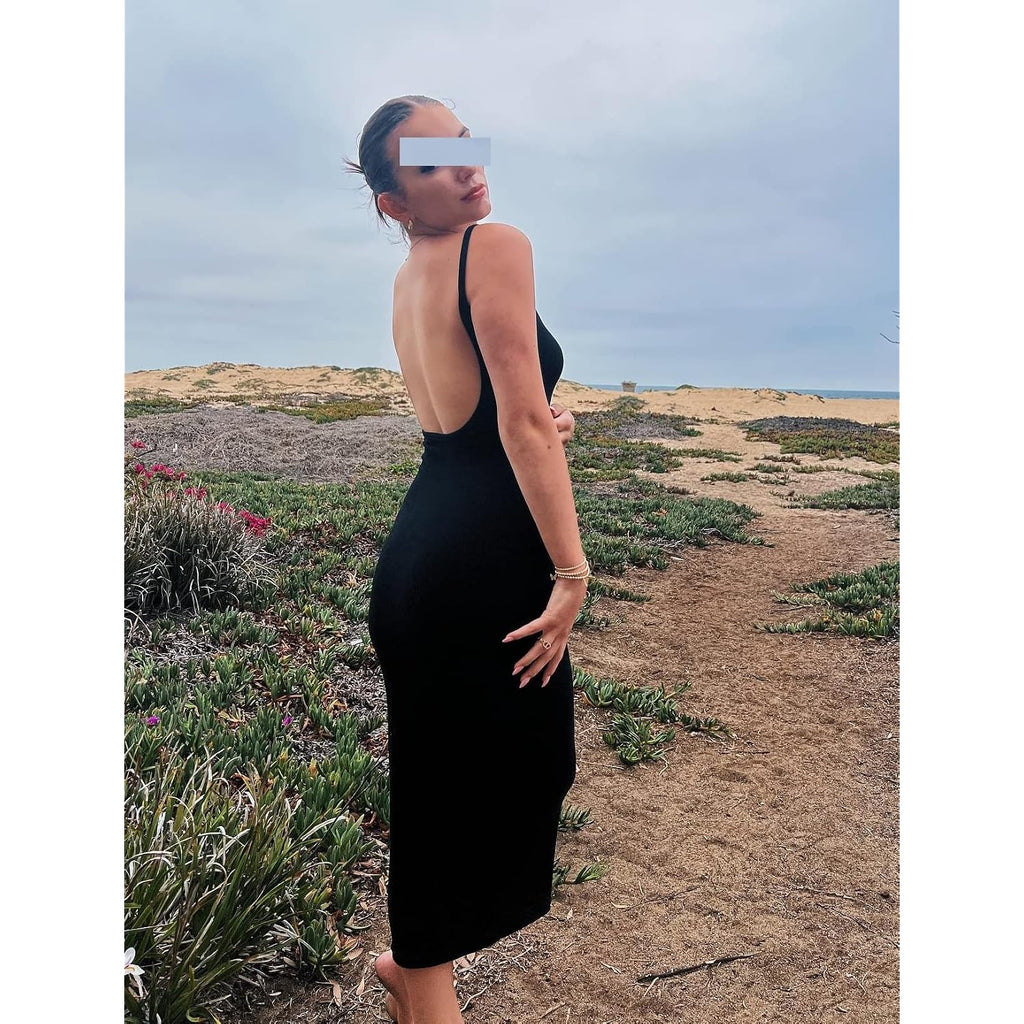 Women Backless Maxi Tank Dress Bodycon Sexy Open Back Hollow Long Dresses Sleeveless Elegant Cocktail Party Dress