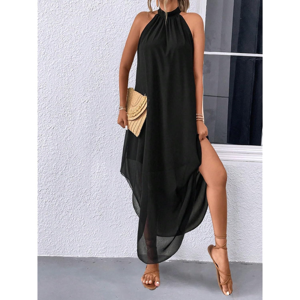 Verdusa Women'S Wedding Guest Dress Halter Flowy Chiffon Asymmetrical Long Summer Prom Dress