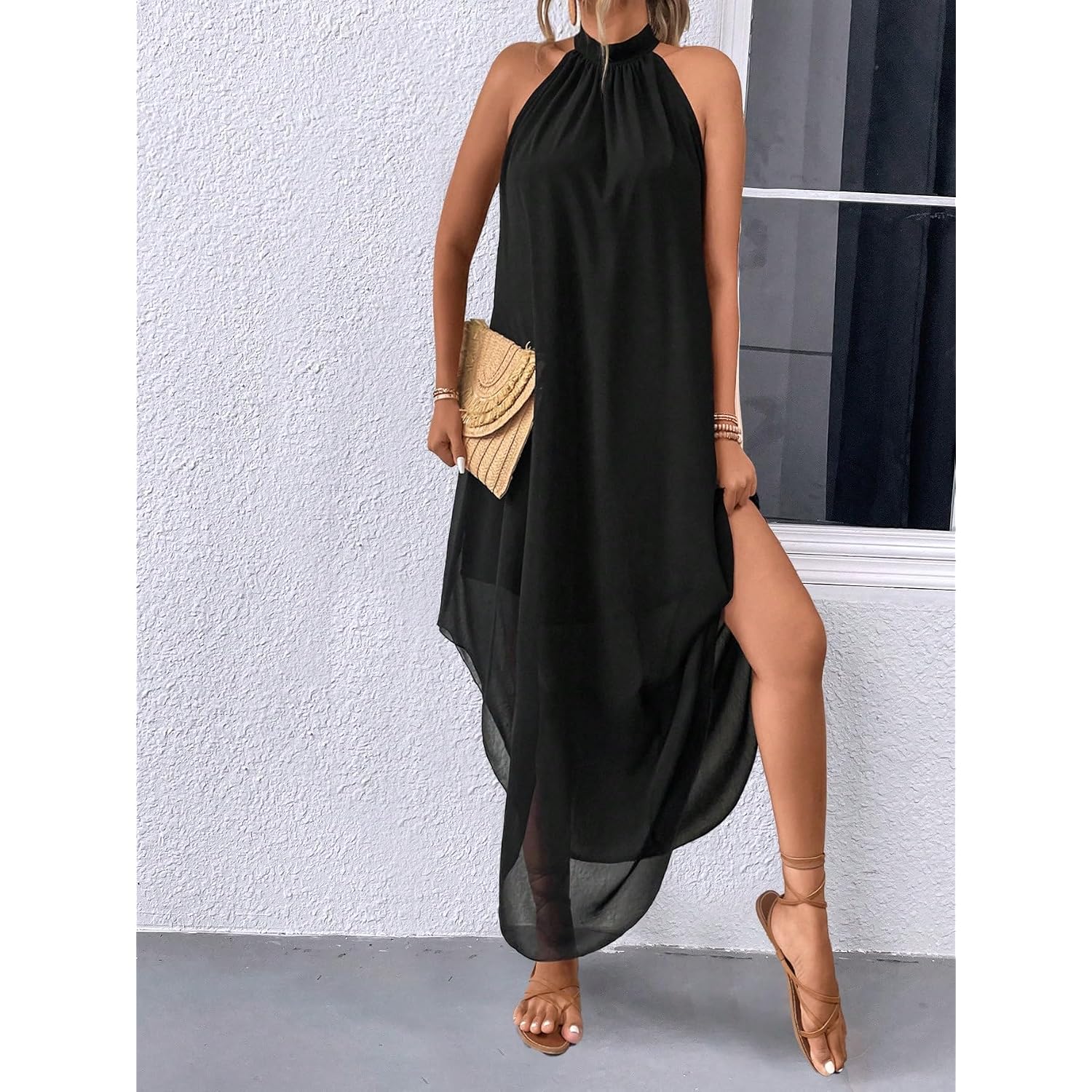 Verdusa Women'S Wedding Guest Dress Halter Flowy Chiffon Asymmetrical Long Summer Prom Dress