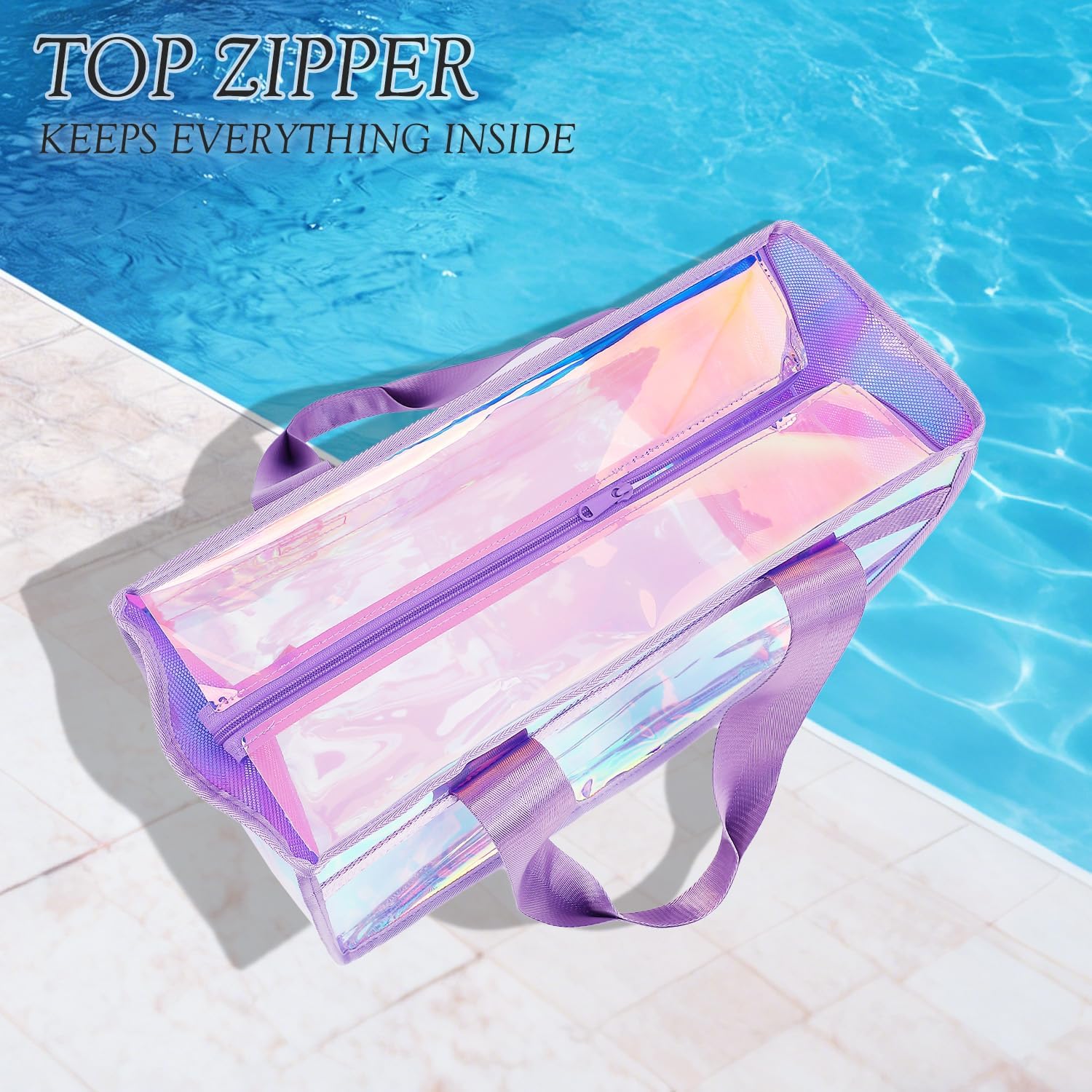 Fammart Iridescent Clear Beach Bags Waterproof Sandproof For Women, Large Jelly Tote Zipper Pool Bag Cruise Essentials 2026