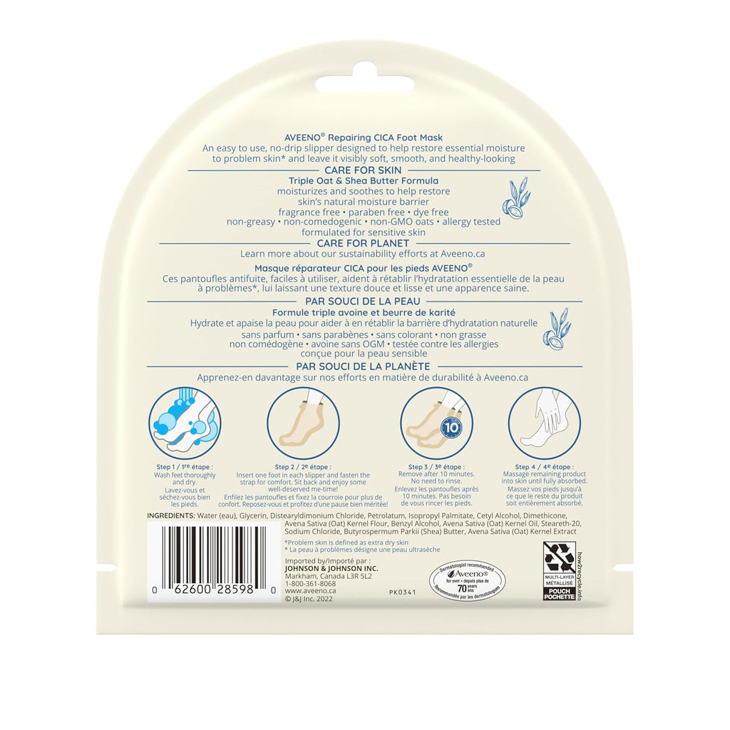 Aveeno Repairing CICA Foot Mask with Prebiotic Oat and Shea Butter, Moisturizing Foot Mask for Extra Dry Skin, 2 Single-Use Slippers 1 ea