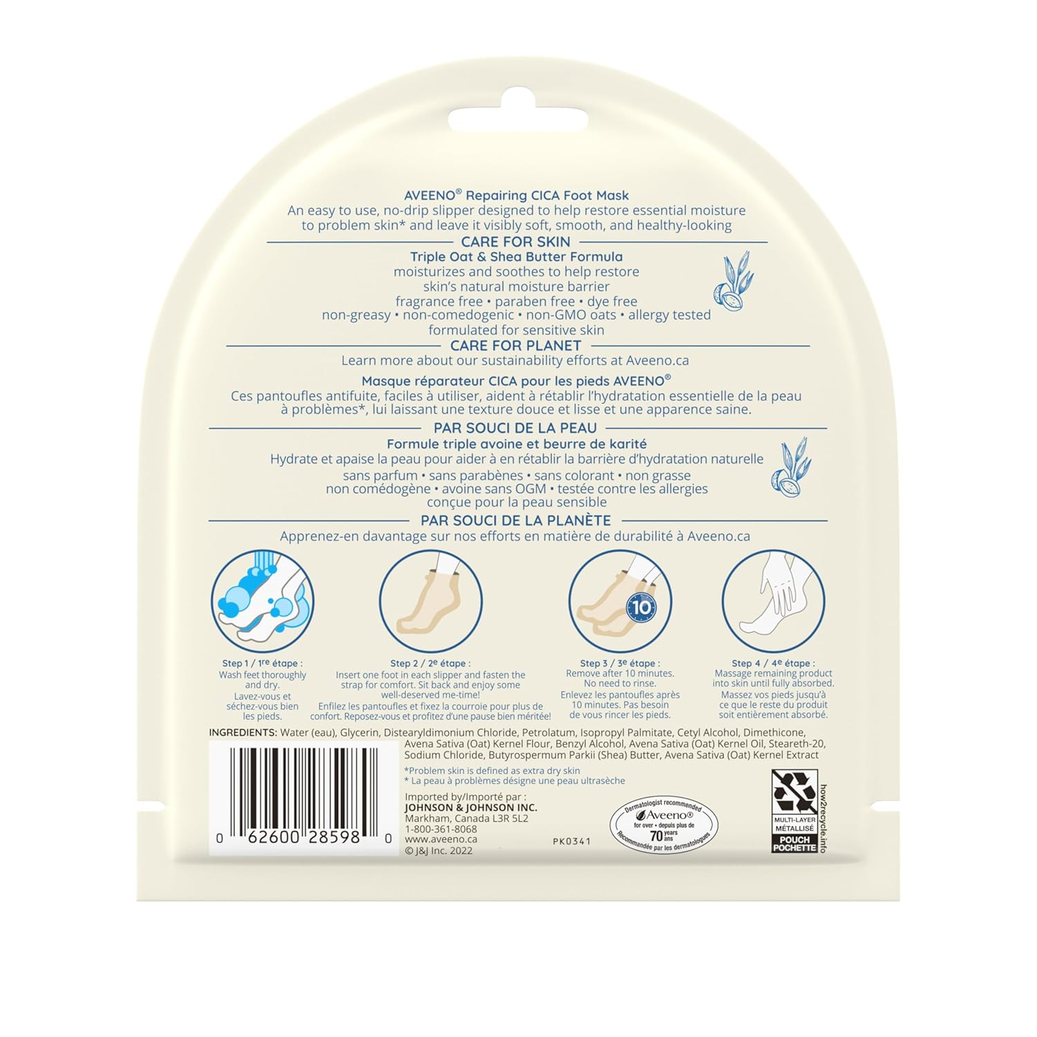 Aveeno Repairing CICA Foot Mask with Prebiotic Oat and Shea Butter, Moisturizing Foot Mask for Extra Dry Skin, 2 Single-Use Slippers 1 ea
