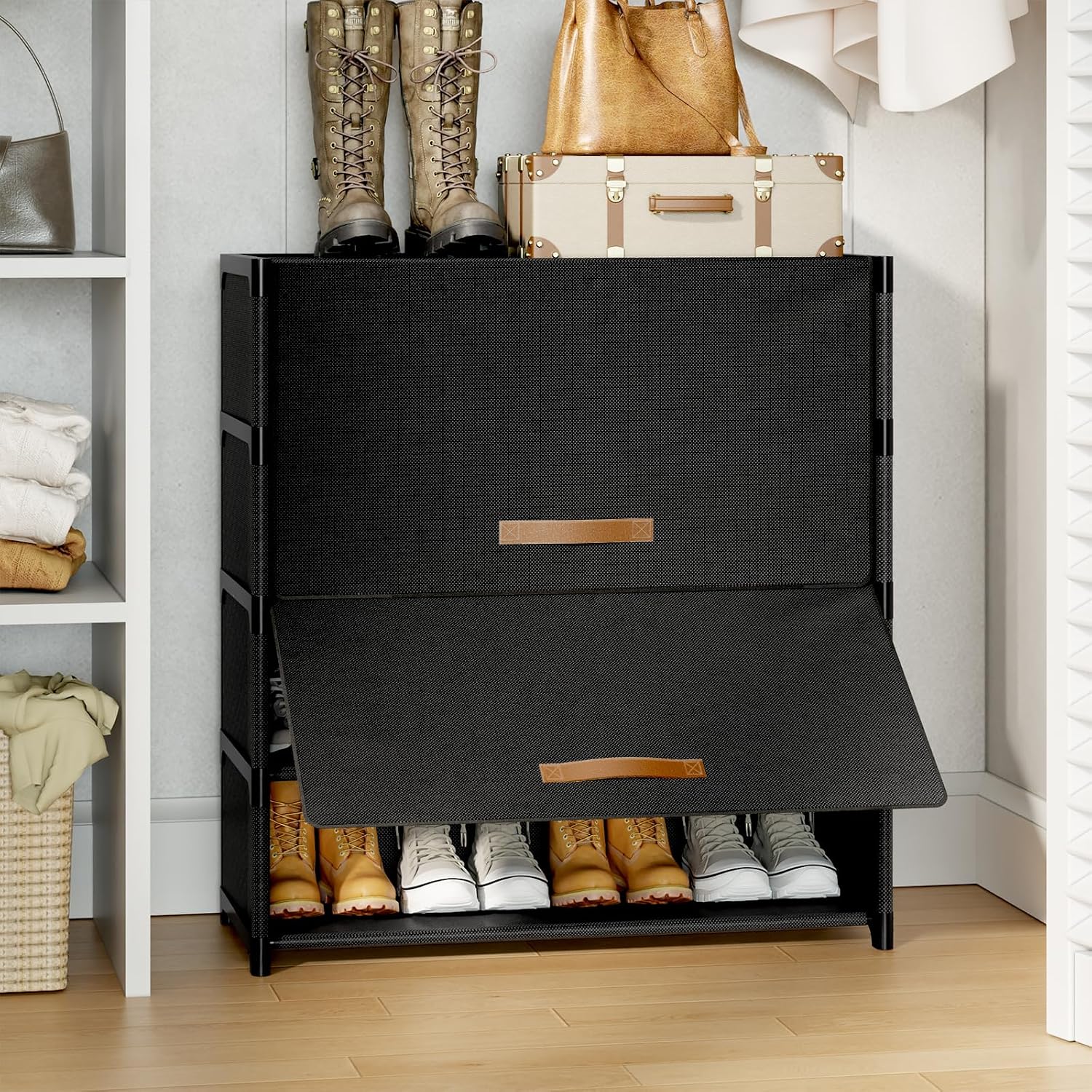 Shoe Rack, 5 Tier Shoe Storage Cabinet With Door 20 Pair Plastic Shoe Shelves Organizer For Closet, Entryway, Hallway, Bedroom, Black