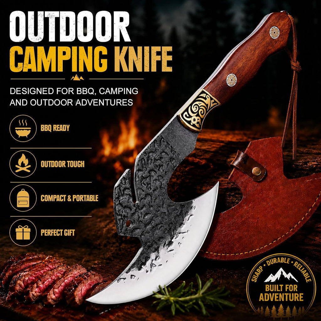 Hand Forged Viking Knife 6.2" Meat Cleaver With Sheath, Chinese Kitchen Axe Boning Knife For Meat Cutting, High Carbon Steel Butcher Knife Home Outdoor Bbq Camping Birthday Gifts For Men Dad