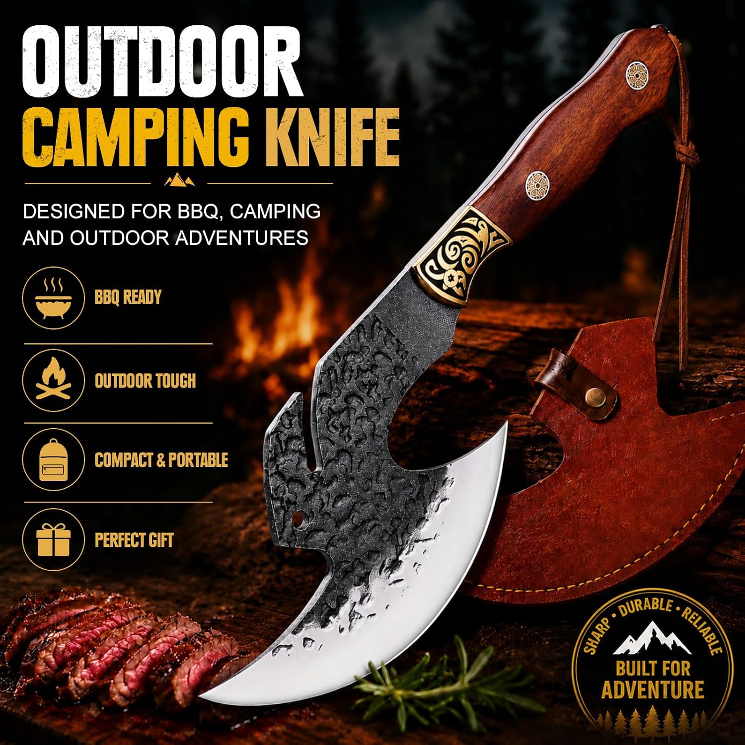 Hand Forged Viking Knife 6.2" Meat Cleaver With Sheath, Chinese Kitchen Axe Boning Knife For Meat Cutting, High Carbon Steel Butcher Knife Home Outdoor Bbq Camping Birthday Gifts For Men Dad