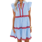 Zesica Women'S Summer Casual Mini Dress 2026 V Neck Flutter Short Sleeve Striped Ruffle A Line Beach Vacation Dresses