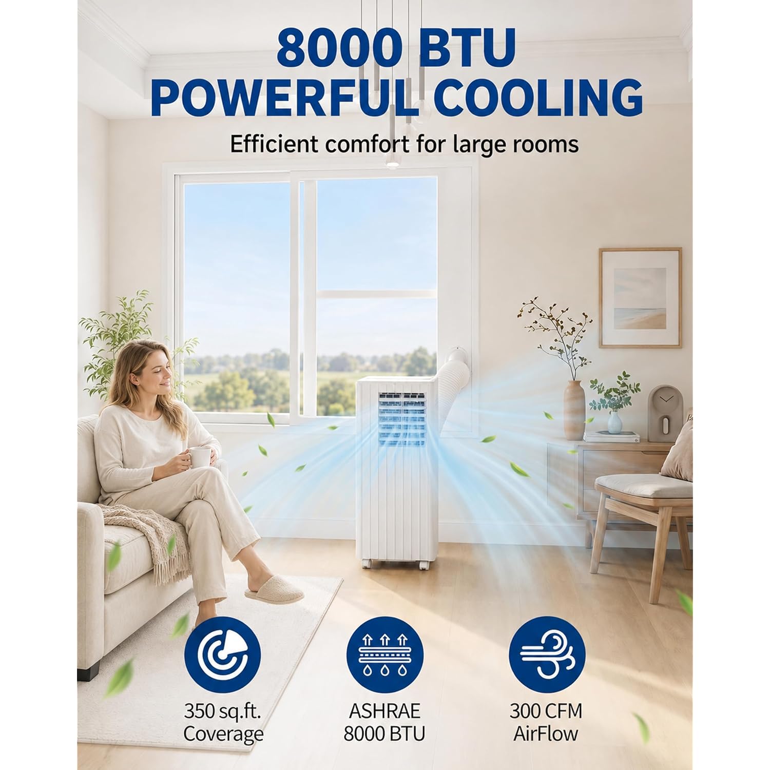 8,000 Btu Portable Air Conditioners, Cools Room Up To 350 Sq.Ft, 4-In-1 Ac Unit With Dehumidifier & Fan Mode, Remote Control, Ultra-Quiet 50Db, White & Black, Easy Window Kit