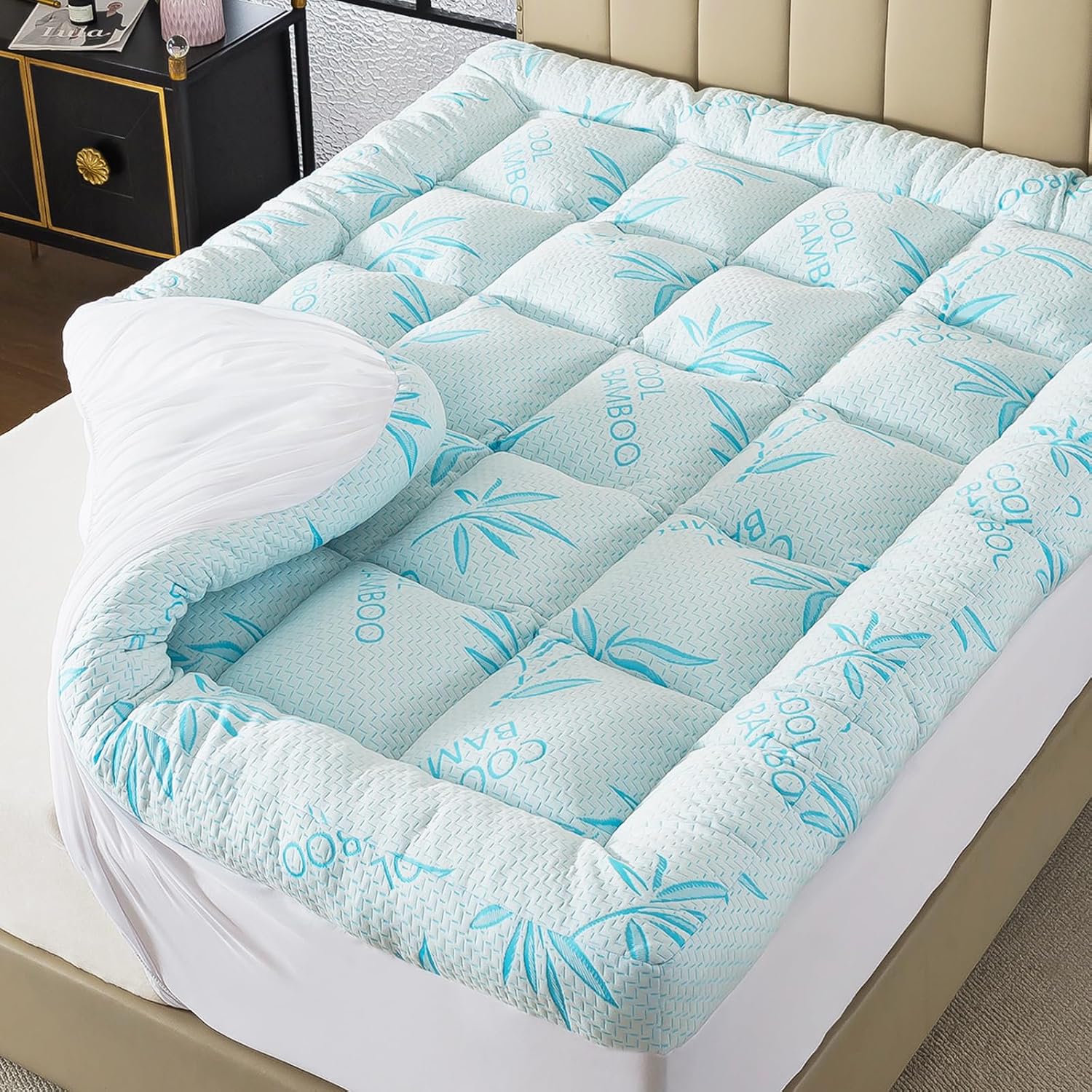 Whatsbedding 5 Inch Queen Mattress Topper Breathable Bamboo Viscose Air Layer,Memory Foam Mattress Topper Queen Size Blue.