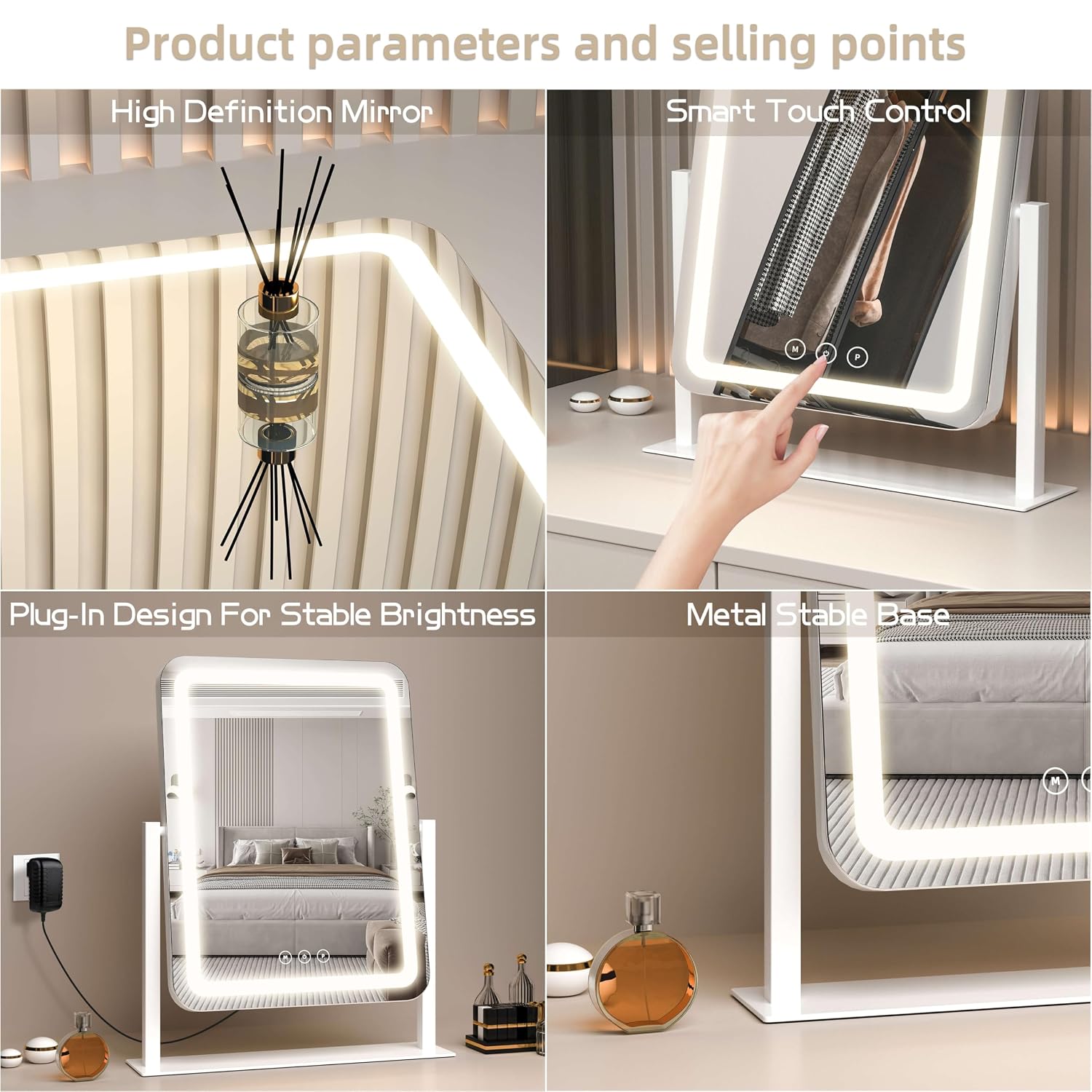 Vanity Mirror With Lights,13.1"×16.7"Led Makeup Mirror,Lighted Makeup Mirror With Lights, Smart Touch Control Dimmable 3 Modes Light, Lighted Up Mirror For Makeup Desk, Bedroom, Dressing Room