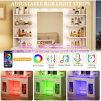 Vanity Desk, Makeup Vanity Desk With Mirror And Lights 3 Colors, Transparent Top With 3 Rgb Drawers, 6 Shelves, 2 Large Tempered Cabinets, Power Outlet, For Bedroom, White