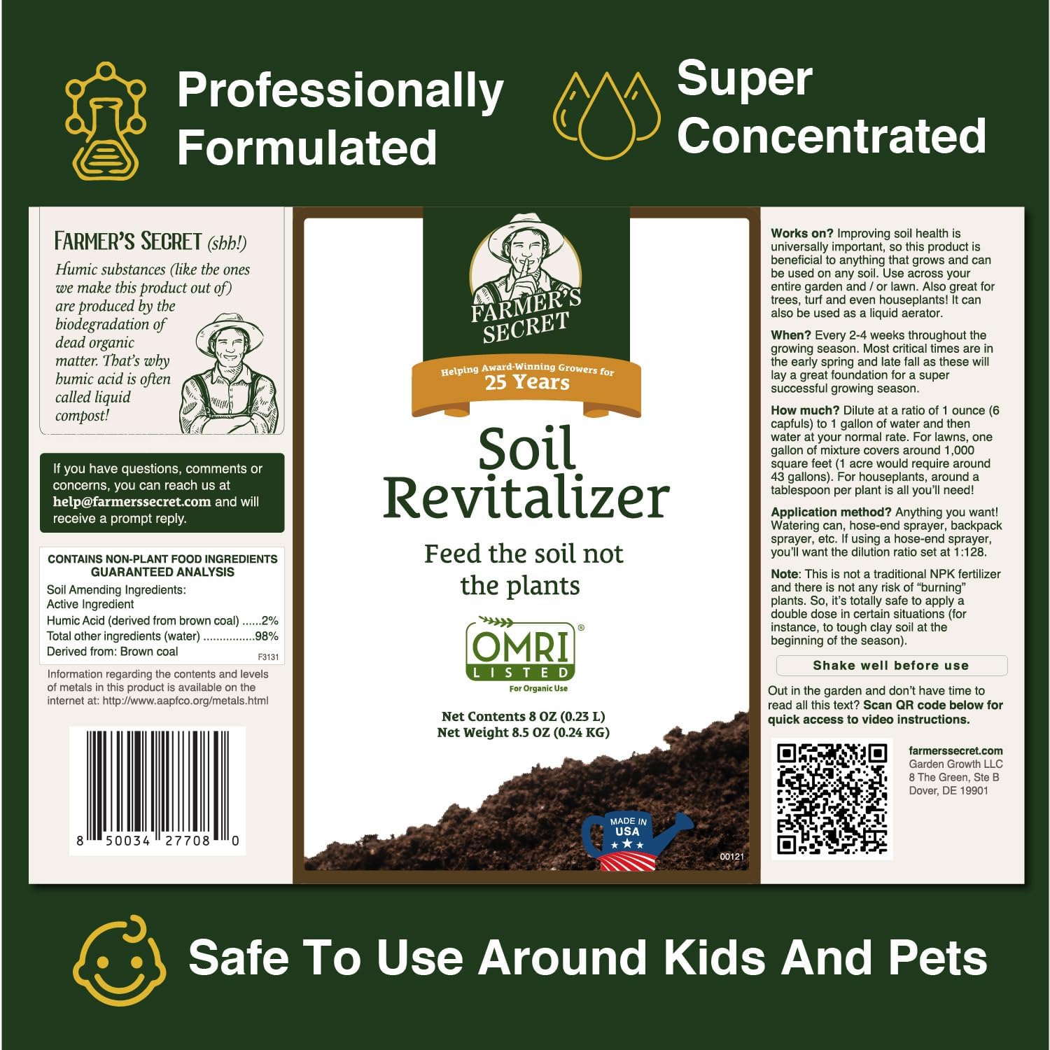Farmer’S Secret Soil Revitalizer - Organic (Omri Listed) Dirt Health Booster - Liquid Compost Soil Amendment - Activated Humic Acid (32Oz)