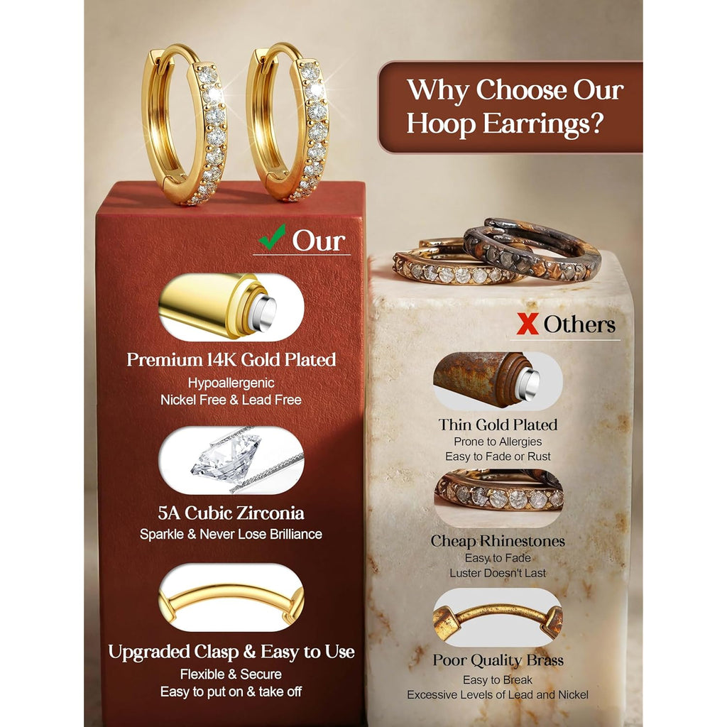 Tungary Small Gold Hoop Earrings for Women, Hypoallergenic Huggie Earrings for Sensitive Ears, Non Tarnish 14K Gold Plated Hoops for Sleeping/Daily, Cartilage Earring Stacks Set for Multiple Piercing