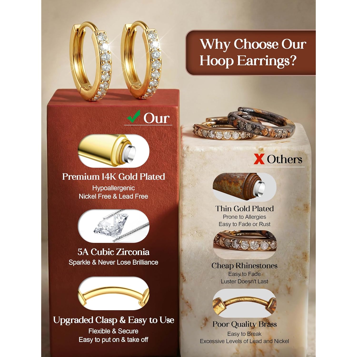 Tungary Small Gold Hoop Earrings for Women, Hypoallergenic Huggie Earrings for Sensitive Ears, Non Tarnish 14K Gold Plated Hoops for Sleeping/Daily, Cartilage Earring Stacks Set for Multiple Piercing