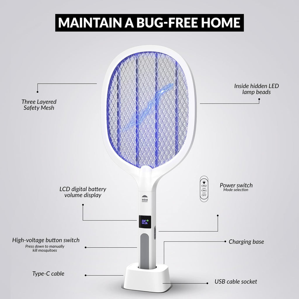Wbm Smart 2 In 1 Electric Bug Zapper, Mosquitoes Trap Lamp & Racket, Usb Rechargeable Electric Fly Swatter For Home And Outdoor Powerful Grid 3-Layer Safety Mesh Safe To Touch, Pack Of 2