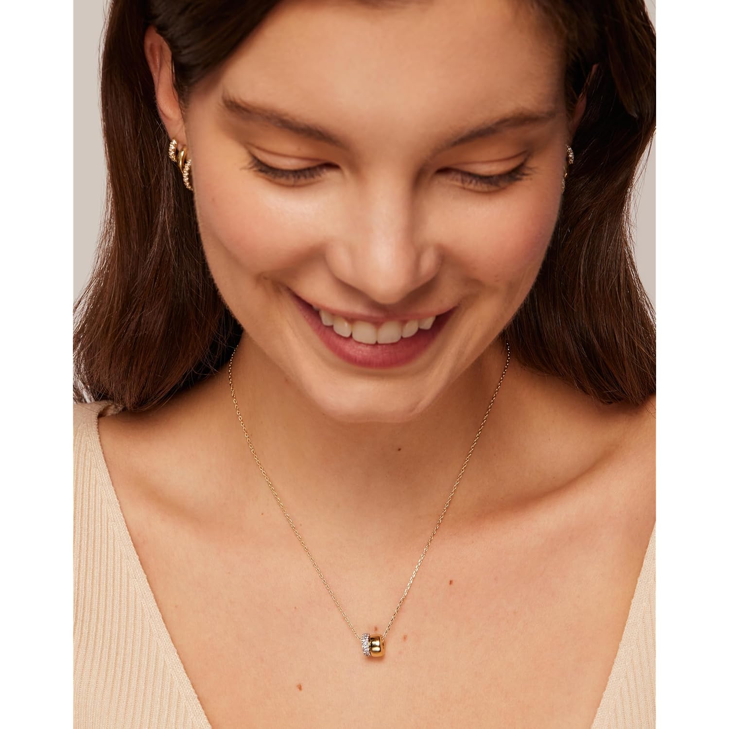 PAVOI 14K Gold Plated Pendant Necklace for Women | Two Distinct Rondelle Pendants with Cubic Zirconia | Sliding Chain Pendant | Trendy Fashion Jewelry