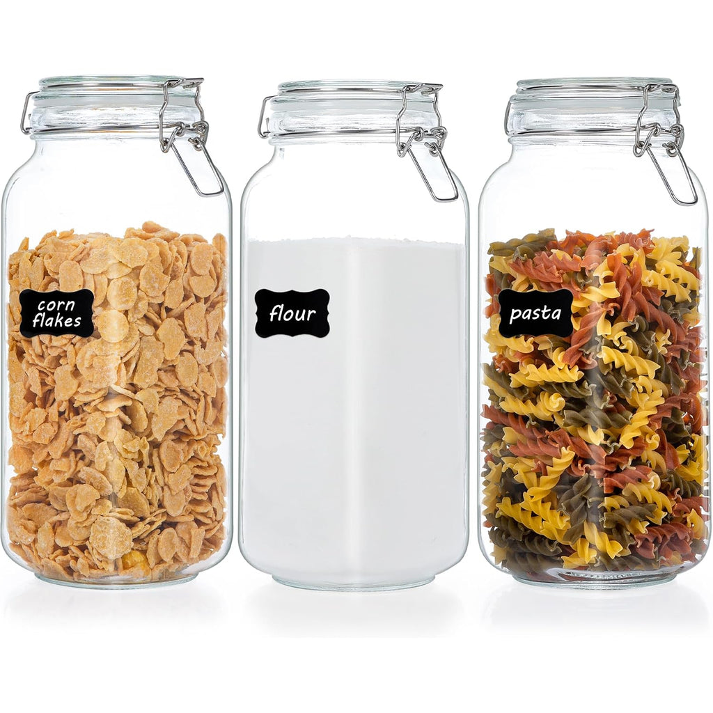 Vtopmart 78Oz Glass Food Storage Jars With Airtight Clamp Lids, 3 Pack Large Kitchen Canisters For Flour, Sugar, Cereal, Coffee, Pasta And Canning, Square Mason Jars With 8 Reusable Labels