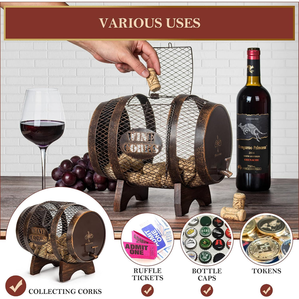 Rustic Metal Large Barrel Wine Cork Holder Display On Wooden Stand, Container For Display, Home Decor, Housewarming Gifts, Home Bar Decor, Wine Gifts, Engagement Gifts, Kitchen Decor