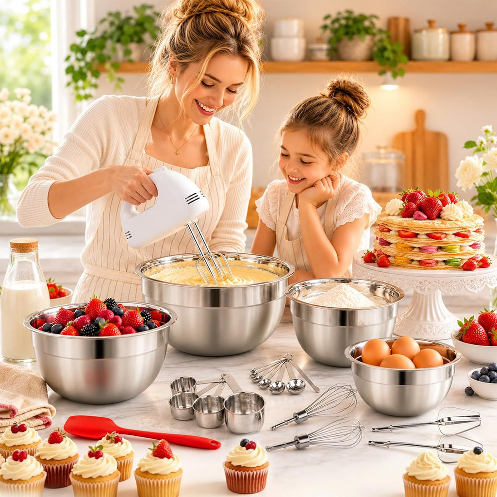 Wepsen 5-Speed Electric Hand Mixer, 4 Large Mixing Bowls Set, Handheld Mixers With Whisks Beater, Stainless Steel Metal Nesting Bowl Measuring Cups Spoons Kitchen Cake Blender For Baking Supplies