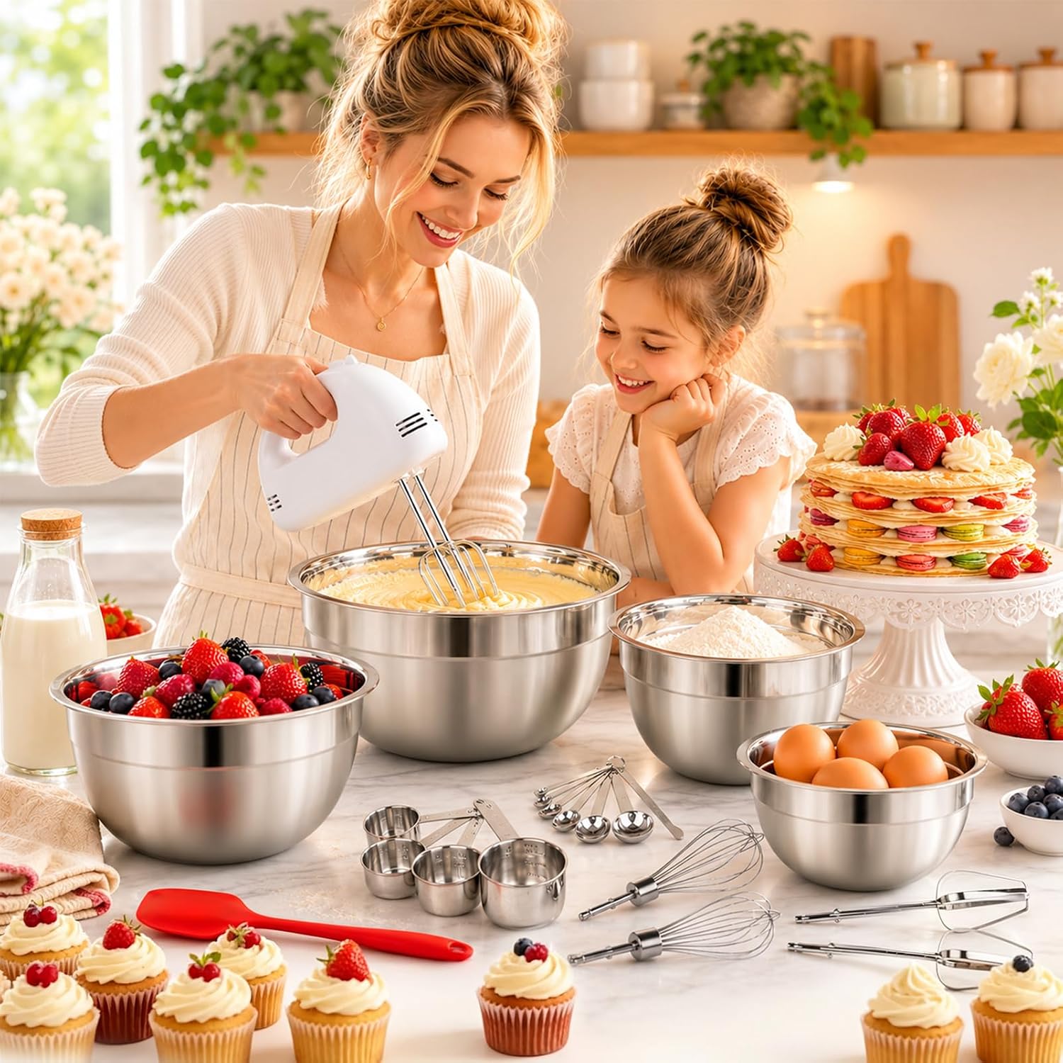 Wepsen 5-Speed Electric Hand Mixer, 4 Large Mixing Bowls Set, Handheld Mixers With Whisks Beater, Stainless Steel Metal Nesting Bowl Measuring Cups Spoons Kitchen Cake Blender For Baking Supplies