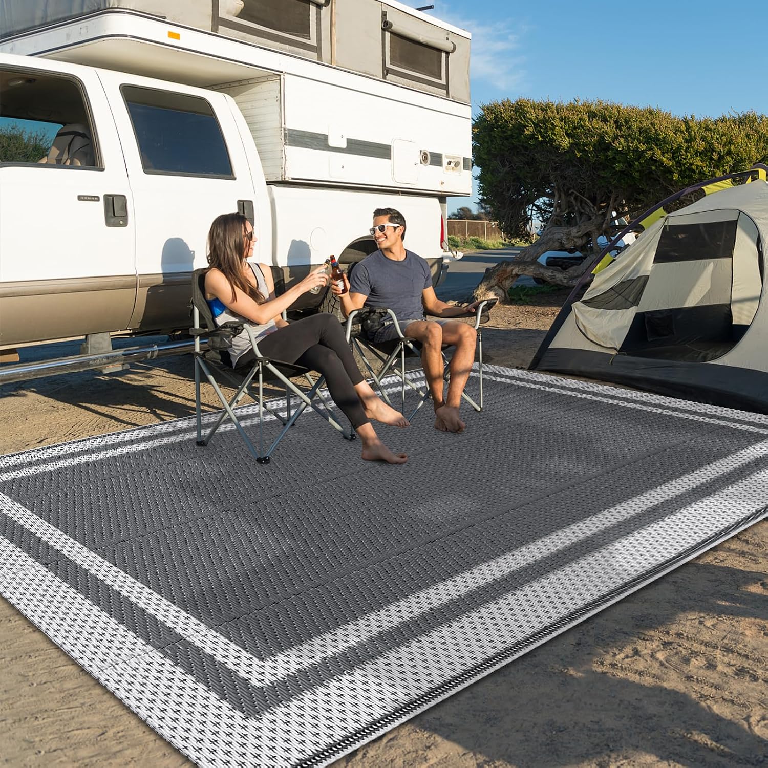 Happytrends Outdoor Rug Reversible Portable Plastic Straw Camping Rugs For Outside Rv,Large Waterproof Outdoor Area Rugs For Patio,Deck,Porch,Balcony(5'X 8',White&Gray)