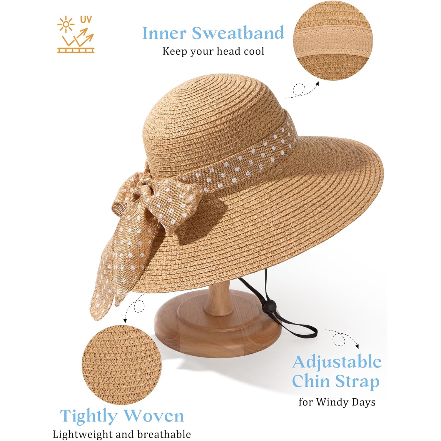 Senker Fashion Sun Hats for Women UV Protection, Wide Brim Beach Straw Derby Hat Packable Floppy for Summer Vacation UPF 50+
