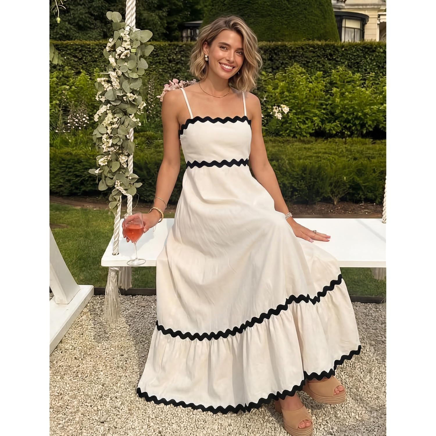 Zesica Women'S 2026 Summer Spaghetti Straps Sleeveless Backless Sundress Flowy Smocked Lace Swing A Line Midi Dress