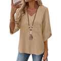 Rapbin Womens 3/4 Sleeve Tops V Neck Casual Shirts Trendy Embroidered Lace Blouses Boho Summer Vacation Clothes
