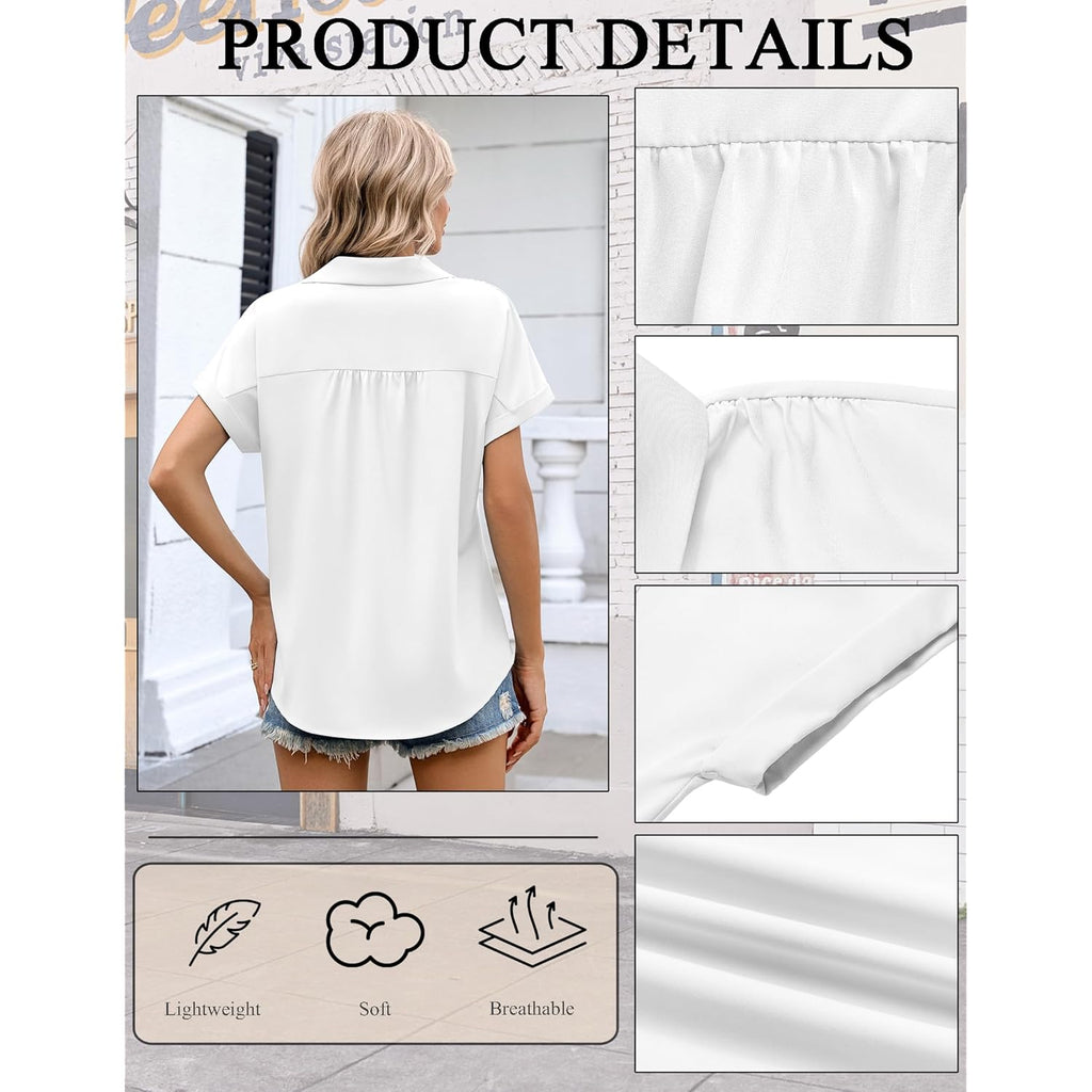 Womens Button Down Shirt Short Sleeve Blouse V Neck Dressy Casual Business Work Tops with Pocket S-XXL