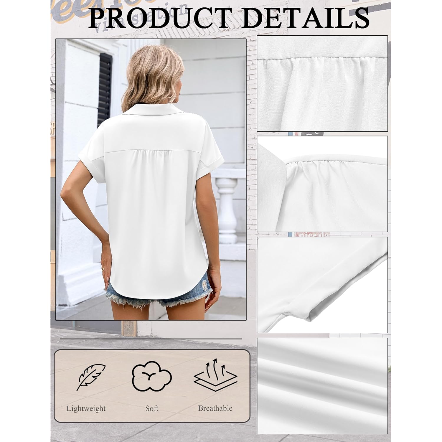 Womens Button Down Shirt Short Sleeve Blouse V Neck Dressy Casual Business Work Tops with Pocket S-XXL
