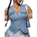 Floerns Women'S Plus Size Sleeveless Button Down Jean Vest V Neck Denim Jacket