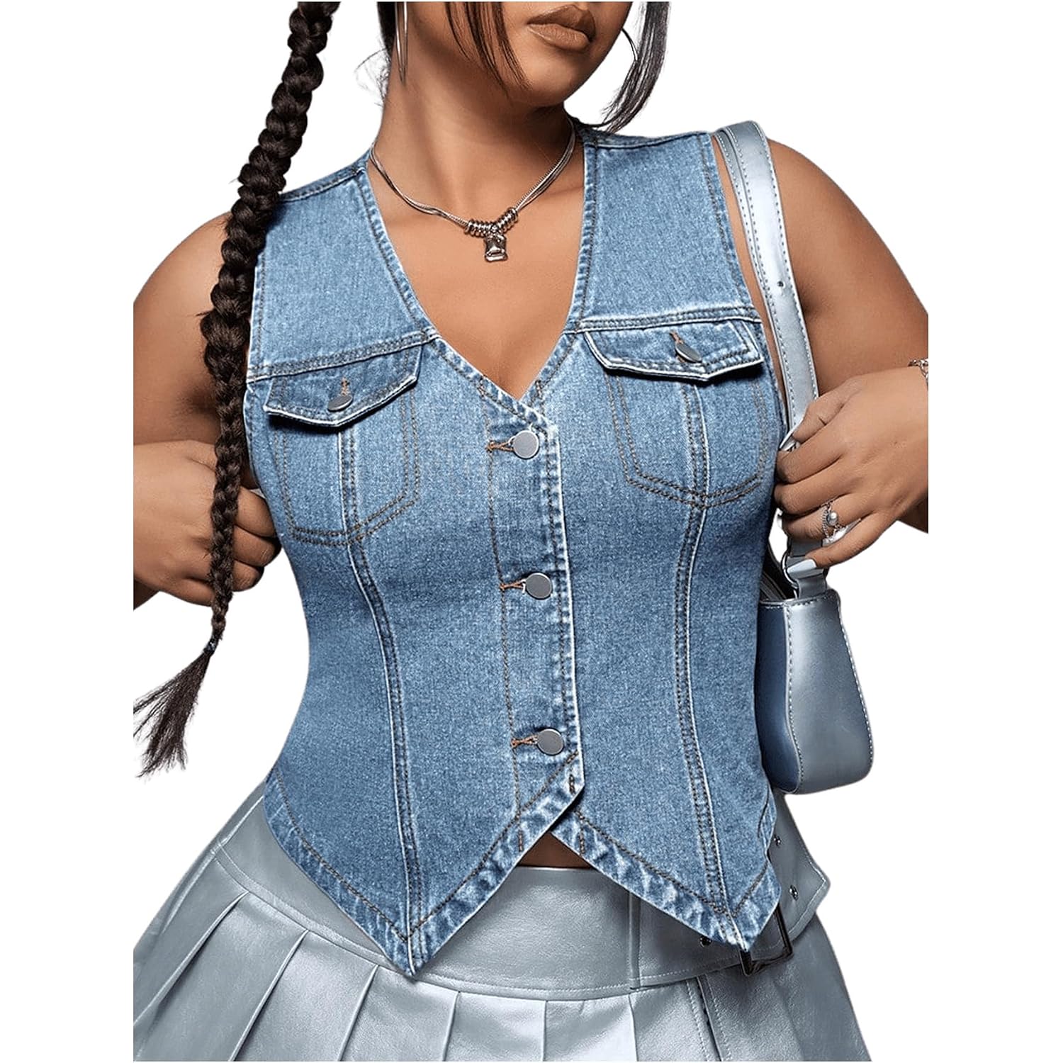 Floerns Women'S Plus Size Sleeveless Button Down Jean Vest V Neck Denim Jacket