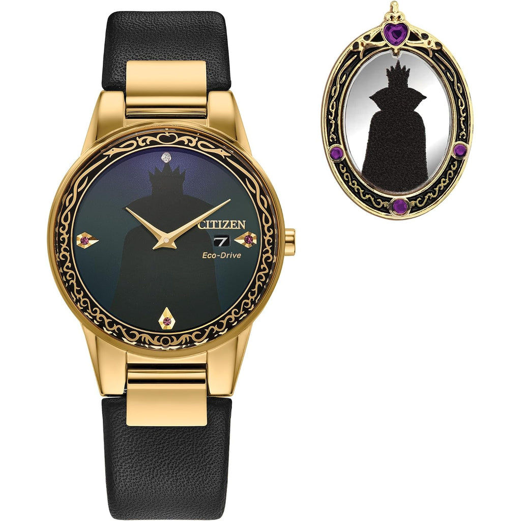 Citizen Ladies' Eco-Drive Disney Villians Evil Queen Gold Stainless Steel Case And Black Leather Strap Watch And Pin Gift Set, Black Dial,Crystal Accent,Date (Model: Ga1082-46W)