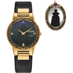 Citizen Ladies' Eco-Drive Disney Villians Evil Queen Gold Stainless Steel Case And Black Leather Strap Watch And Pin Gift Set, Black Dial,Crystal Accent,Date (Model: Ga1082-46W)