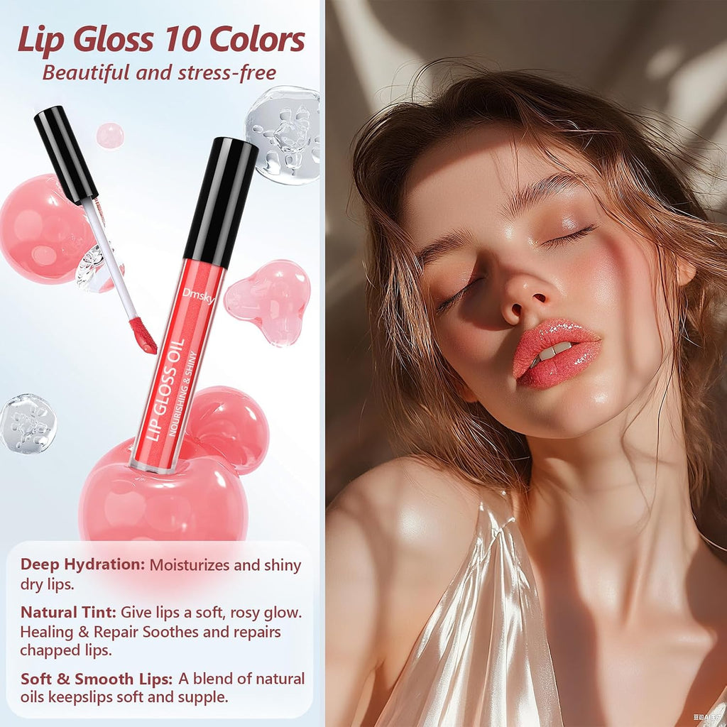 Dmsky Bling Lip Gloss Set,10 Colors High Shine Lip Gloss Pack Non-Sticky Pink Glitter Long Lasting Moisturizing,Multi Fruit Flavors Glitter Makeup For Women,20 Pack