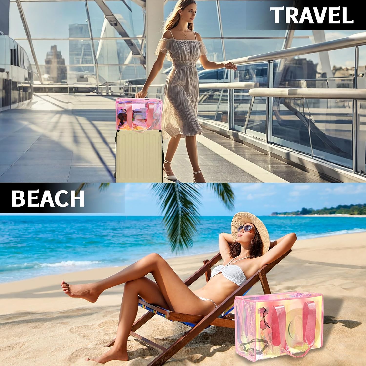 Golffox 2-Piece 26L Iridescent Beach Bag Set - Purple Iridescent Tote Bag With Snap & Pink Tote Bag With Zipper & Waterproof Touchscreen Phone Pouch, Perfect Beach Essentials For Family