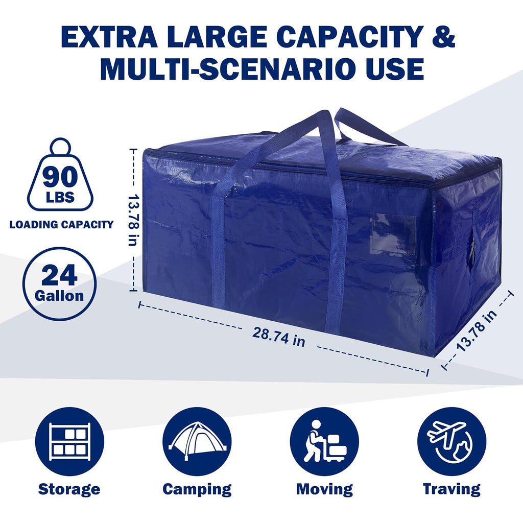 8 Pack Extra Heavy Duty Large Moving Bags With Strong Zipper & Carrying Handles, Sturdy Clothes Storage Bags Totes Bins, Packing Bag Move Boxes College Moving Supplies, Dark Blue - 24 Gal