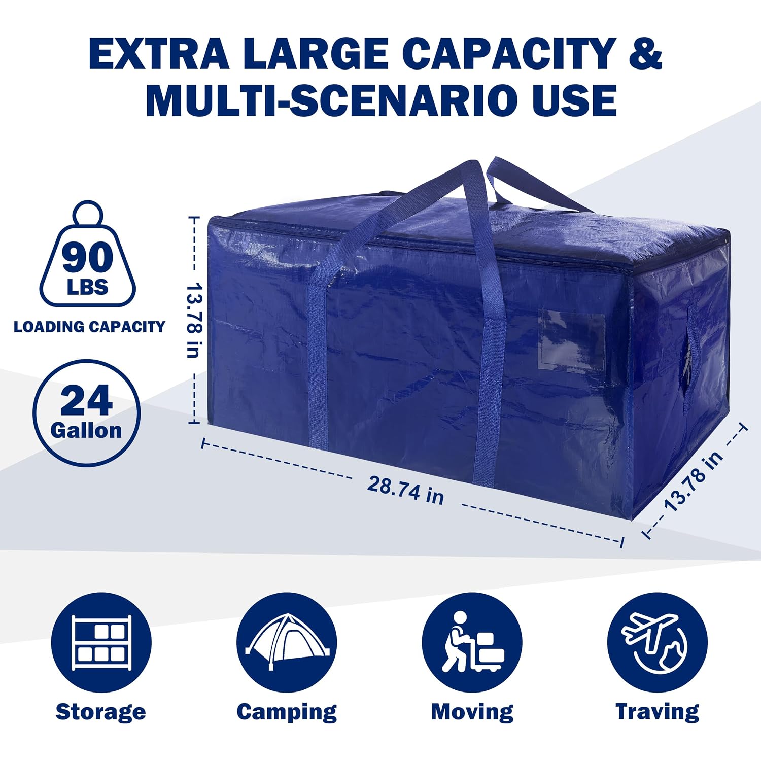 8 Pack Extra Heavy Duty Large Moving Bags With Strong Zipper & Carrying Handles, Sturdy Clothes Storage Bags Totes Bins, Packing Bag Move Boxes College Moving Supplies, Dark Blue - 24 Gal