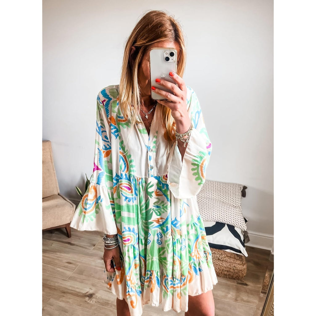 Miduo Womens Summer Dress Casual V Neck Buttoned 3/4 Sleeve Bohemian Tribal Print Flowy Mini Dresses